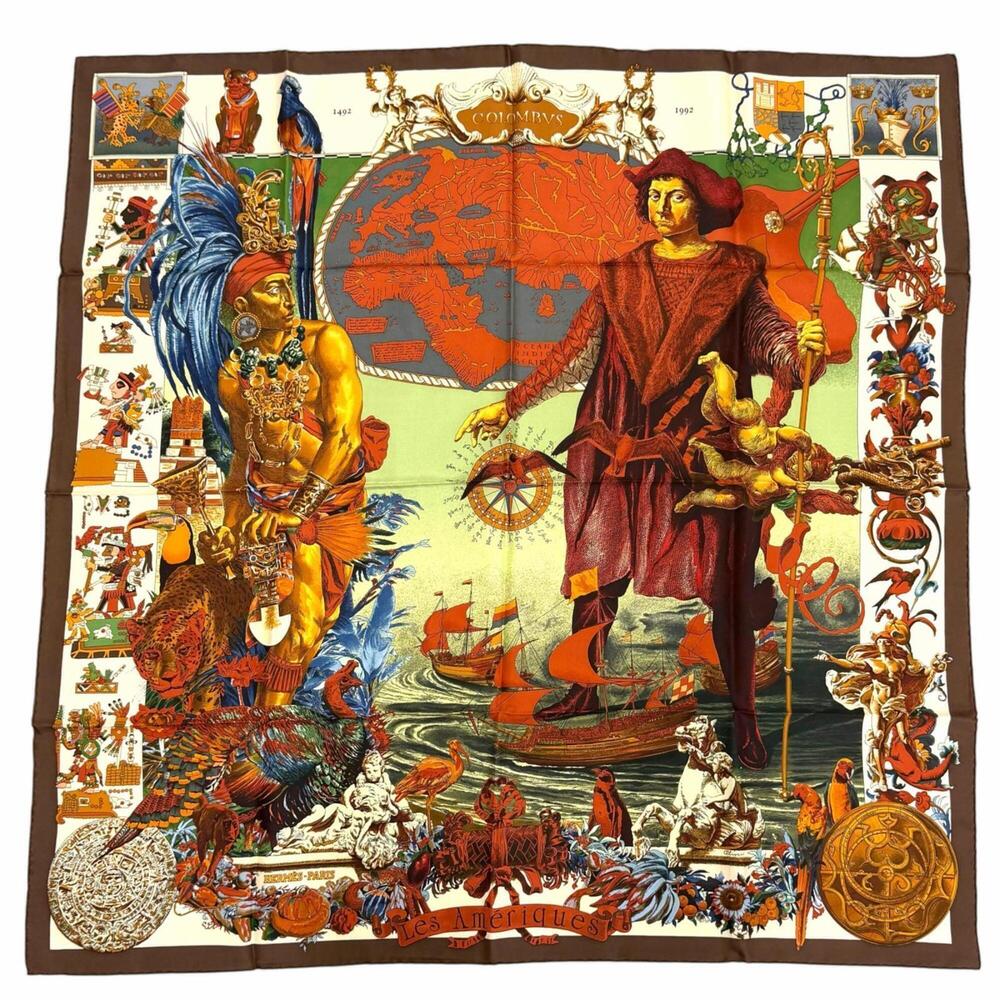 HERMES Les Ameriques COLOMBVS (The Americas, Columbus) Carre 90, 100% Silk Sc...